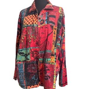 Spa by Chicos Size 3 Cotton Smocked Patchwork Print Short Sleeve Top Multicolor